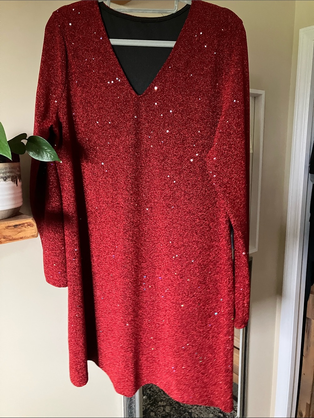 Sparkling Red V-Neck Long-Sleeve Women's Dress